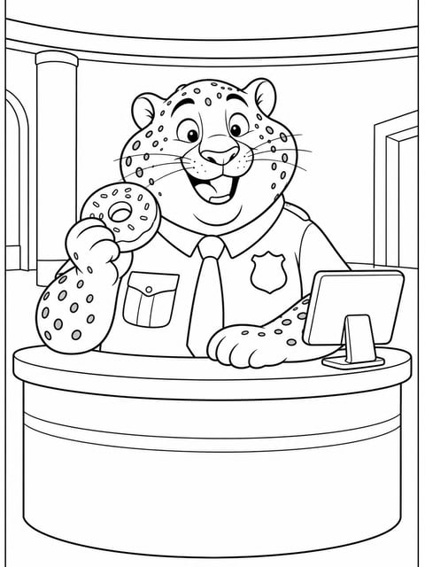 Officer Clawhauser at Zootopia police front desk with donuts coloring page