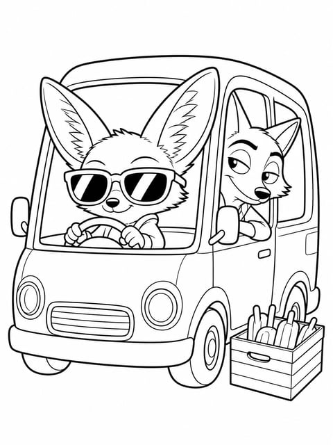 Finnick driving tiny van with Nick Wilde and popsicle sticks coloring page