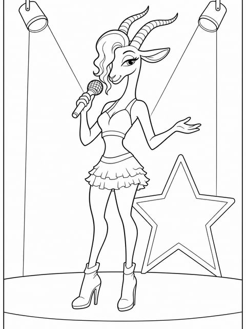 Gazelle singing with microphone and spotlights coloring page