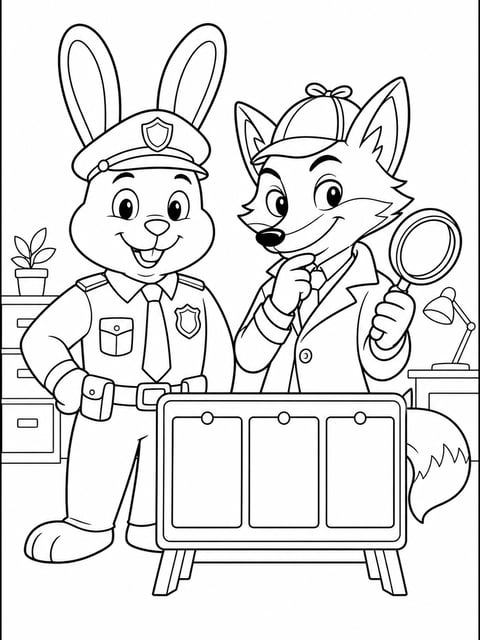 Judy Hopps and Nick Wilde studying police case board coloring page