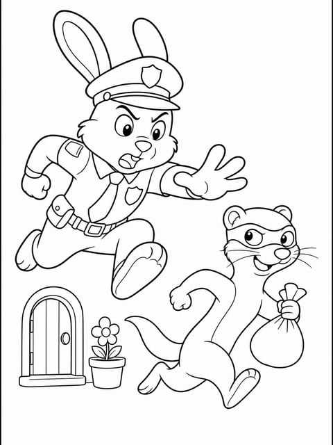Judy Hopps chasing Duke Weaselton through Little Rodentia coloring page