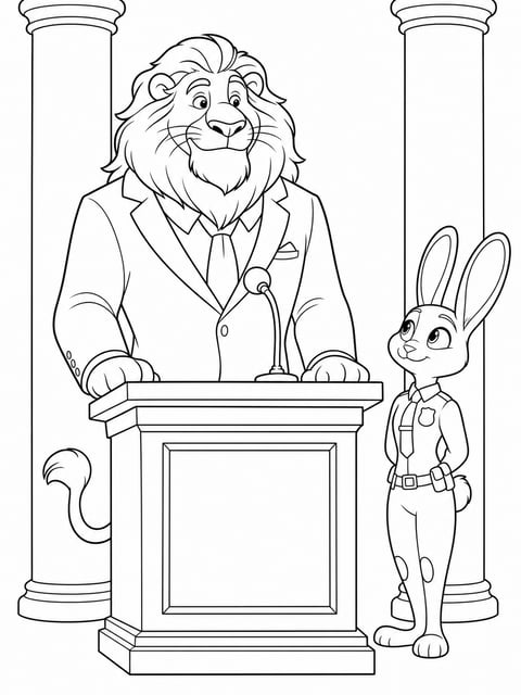 Mayor Lionheart at city hall podium with Judy Hopps coloring page