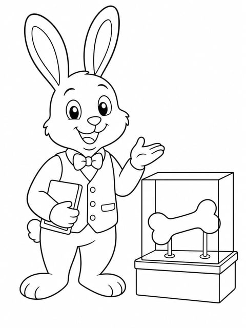 rabbit museum guide beside simple bone display coloring page