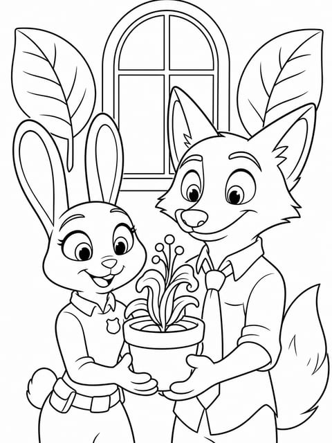 Judy Hopps and Nick Wilde discovering night howler flowers in greenhouse coloring page