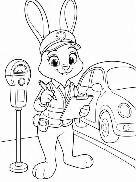 Judy Hopps parking meter duty in downtown Zootopia coloring page