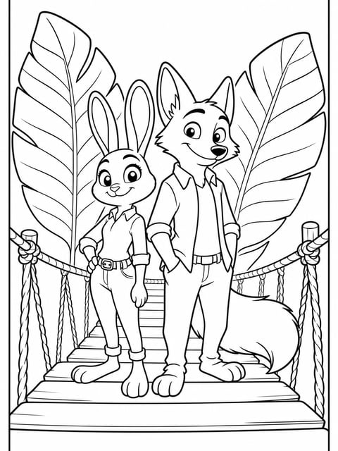 Judy Hopps and Nick Wilde searching Rainforest District bridge coloring page