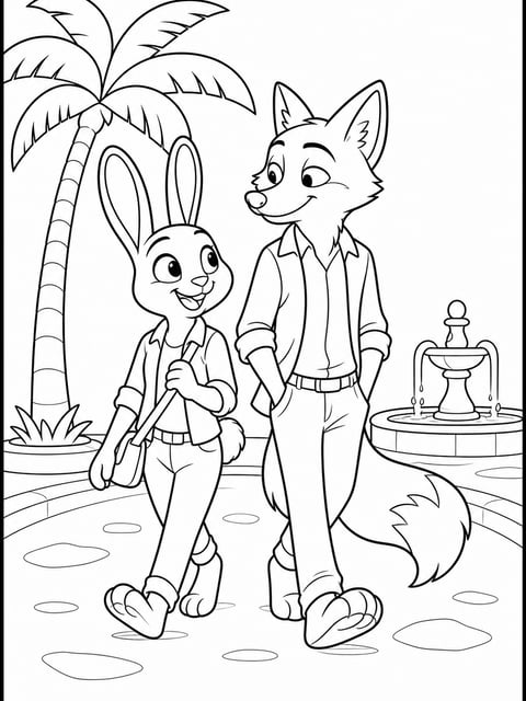 Judy Hopps and Nick Wilde walking through Sahara Square market coloring page