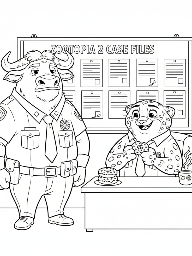Chief Bogo and Clawhauser at police station desk with Zootopia 2 case files donuts and coffee coloring page