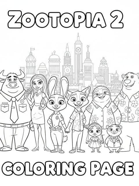 Judy Hopps Nick Wilde Chief Bogo Gazelle Flash and Mr. Big family standing together before Zootopia skyline coloring page