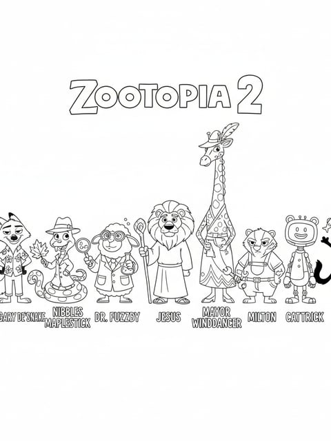 Character lineup sheet with names for Judy Nick Gary De Snake Nibbles Dr Fuzzby Jesus Mayor Winddancer Milton Pawbert Cattrick Kitty coloring page