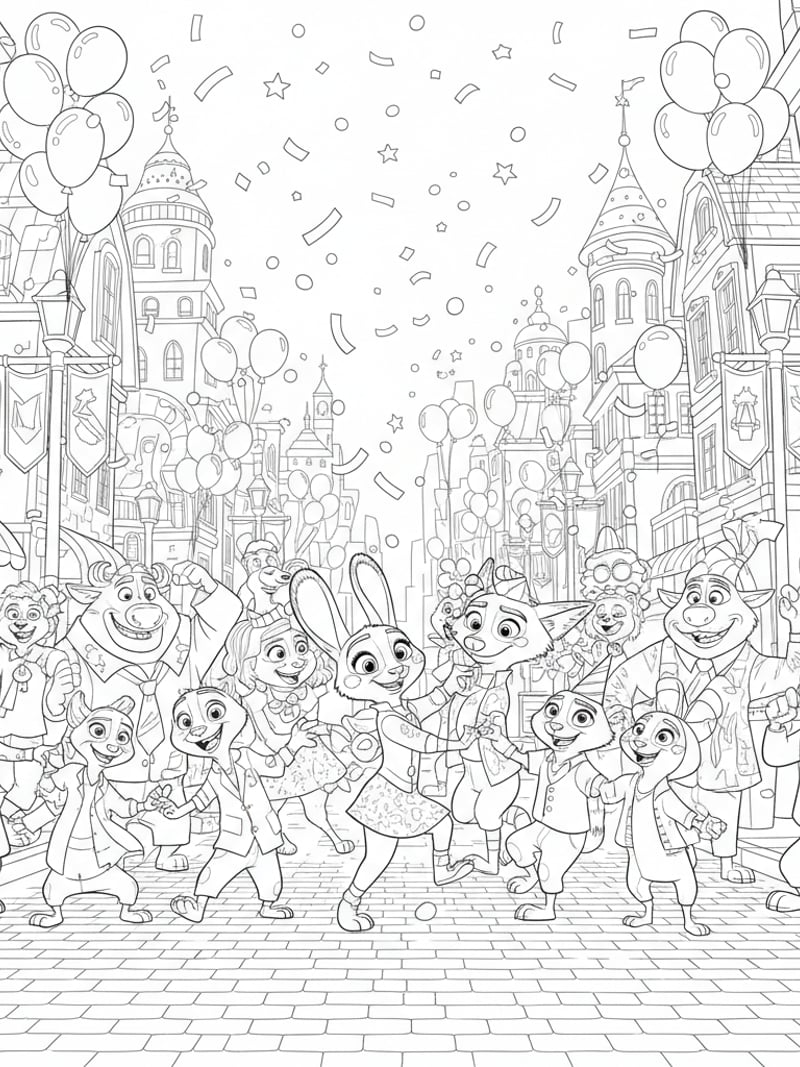 Zootopia cast dancing in city streets with confetti and balloons coloring page