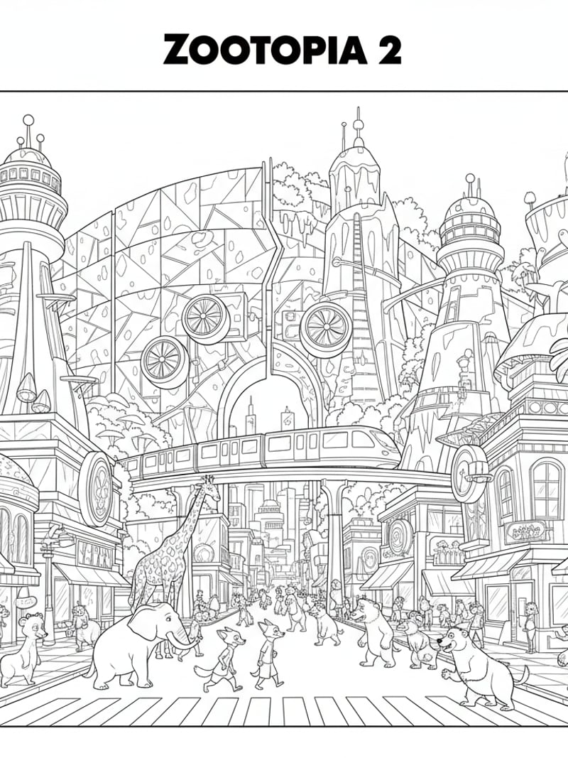 Wide city view of Zootopia with climate wall monorail and animals in the streets coloring page