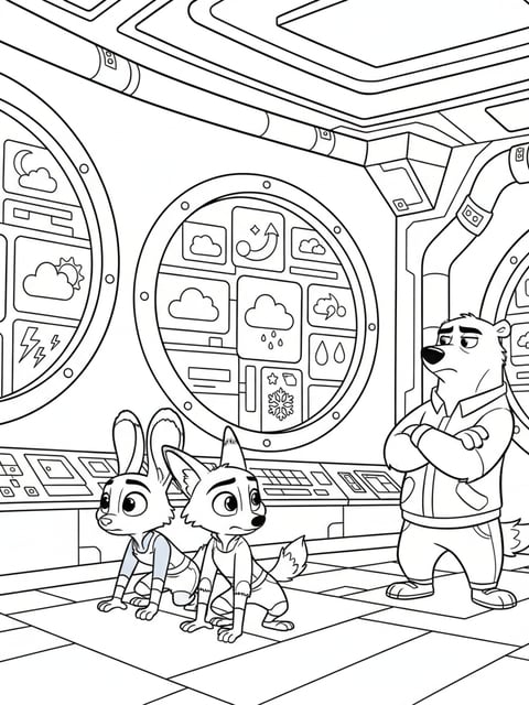 Judy and Nick sneaking in climate wall control room with circular panels and Pawbert nearby coloring page