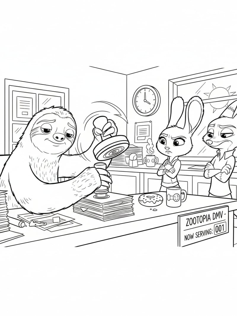 Flash the sloth stamping papers at DMV desk while Judy and Nick wait impatiently coloring page