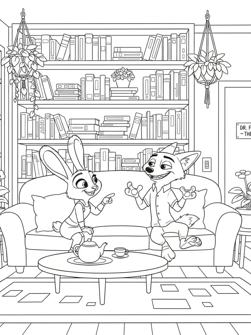Judy Hopps and Nick Wilde chatting in Dr. Fuzzbys counseling room with bookshelves and plants coloring page