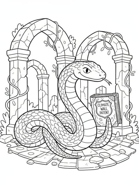 Gary De Snake sliding through ancient ruins holding a mysterious book about the climate wall coloring page