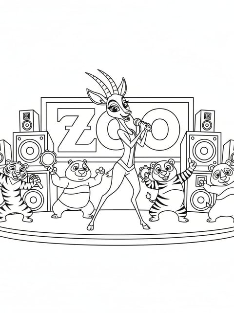 Gazelle singing on stage with backup dancers speakers and lights in a Zootopia 2 concert coloring page