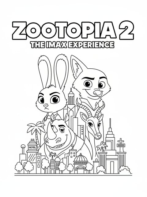 IMAX poster concept with large faces of Judy Nick Gary and Milton above city and blank movie-title area coloring page