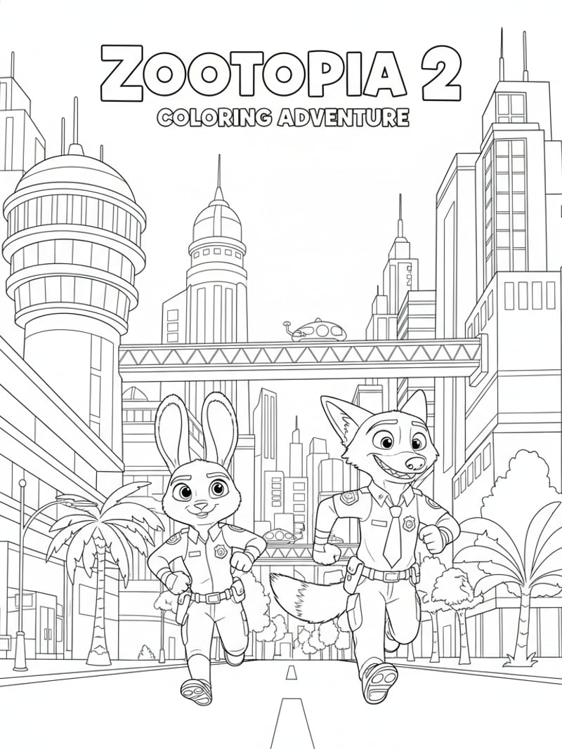 Judy Hopps and Nick Wilde running together through futuristic Zootopia city streets coloring page outline