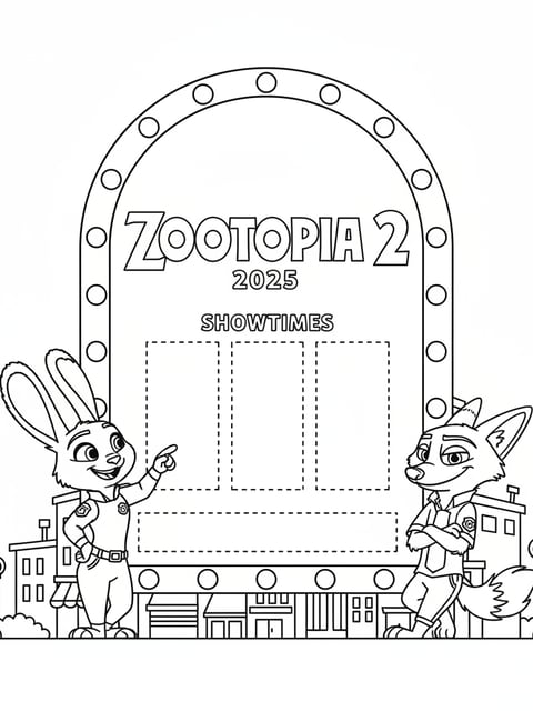 Judy and Nick looking at giant cinema poster Zootopia 2 2025 with marquee lights coloring page