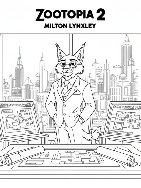 Milton Lynxley standing in luxurious office with city view and climate wall blueprints coloring page