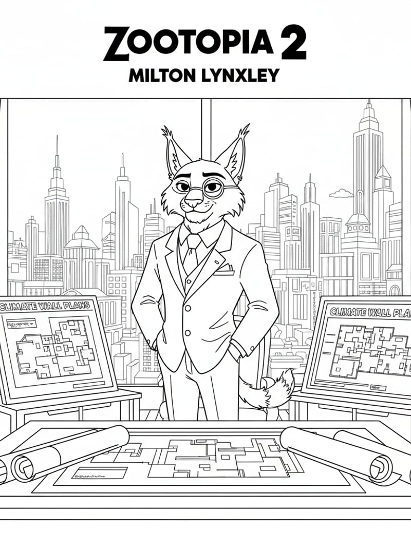 Milton Lynxley standing in luxurious office with city view and climate wall blueprints coloring page
