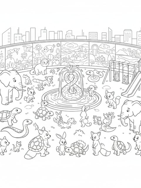 Mammals and reptiles together in city park with snake shaped fountain and climate wall in distance coloring page