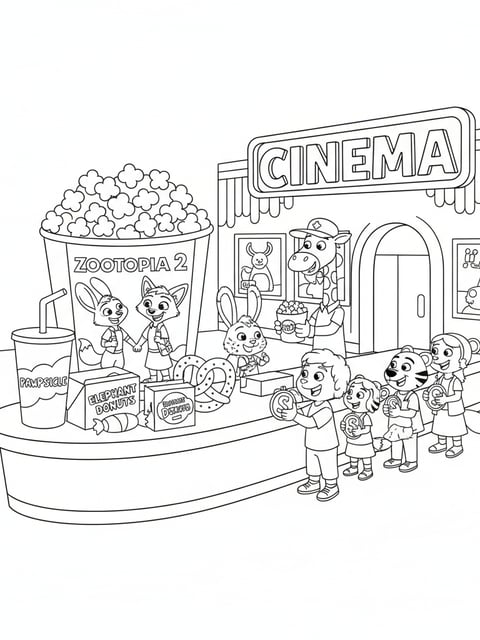 Movie theater counter with Zootopia 2 popcorn bucket Judy and Nick design and kids in line coloring page