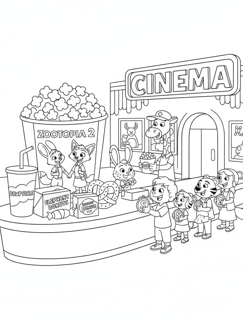 Movie theater counter with Zootopia 2 popcorn bucket Judy and Nick design and kids in line coloring page