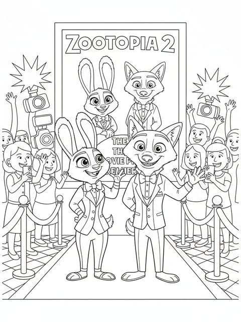 Judy Hopps and Nick Wilde posing on a Zootopia 2 movie premiere red carpet with cameras and fans coloring page