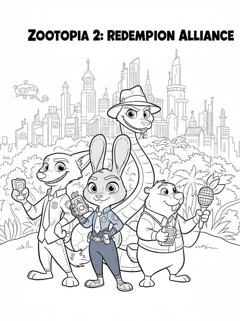 Judy Nick Gary De Snake and Nibbles Maplestick standing back to back ready for adventure coloring page