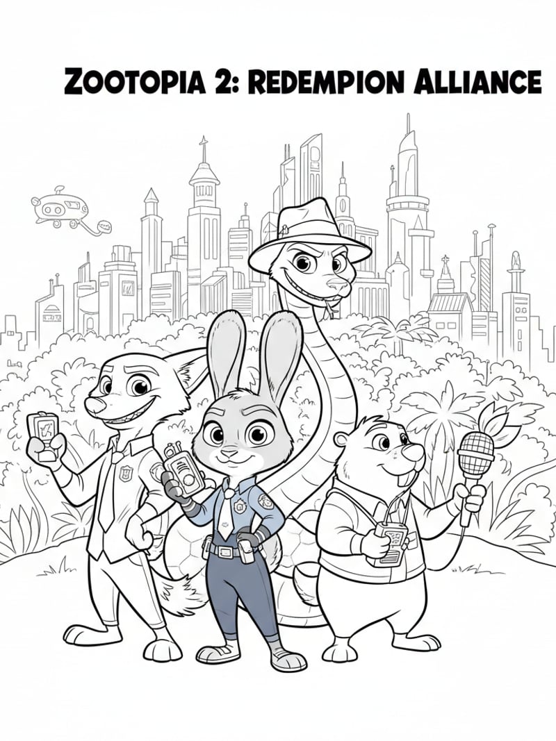 Judy Nick Gary De Snake and Nibbles Maplestick standing back to back ready for adventure coloring page