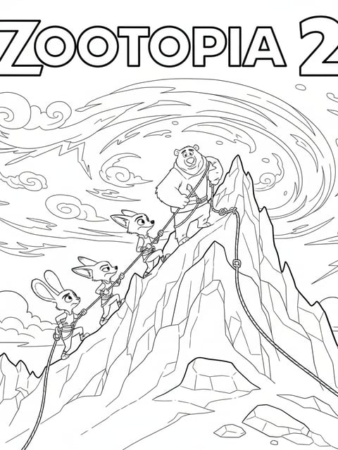 Judy Nick and Gary climbing a snowy mountain with ropes and dramatic sky coloring page