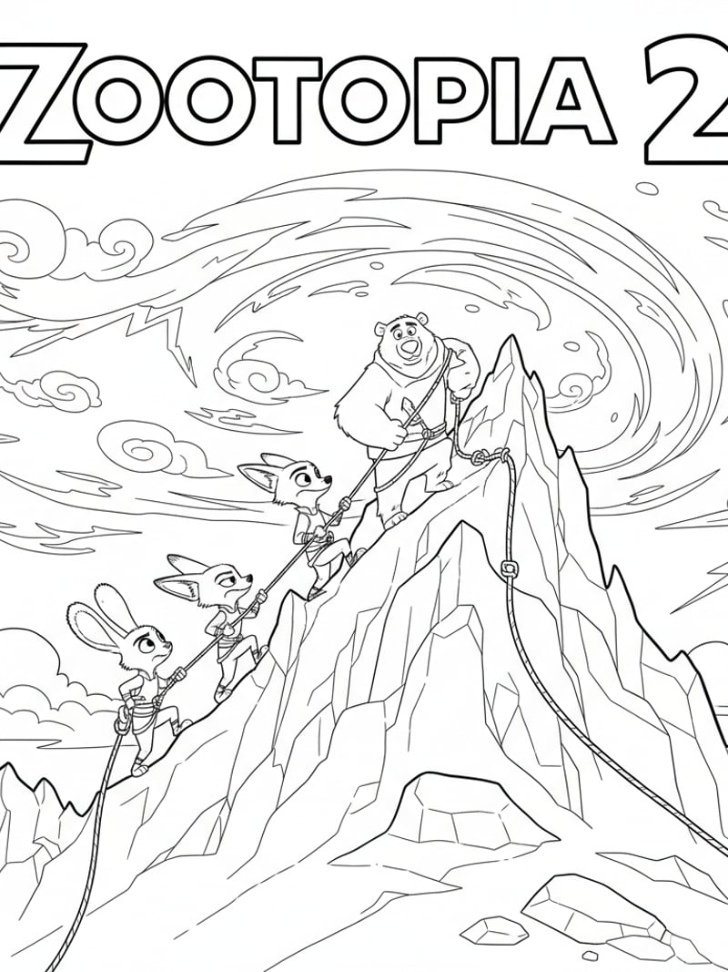 Judy Nick and Gary climbing a snowy mountain with ropes and dramatic sky coloring page