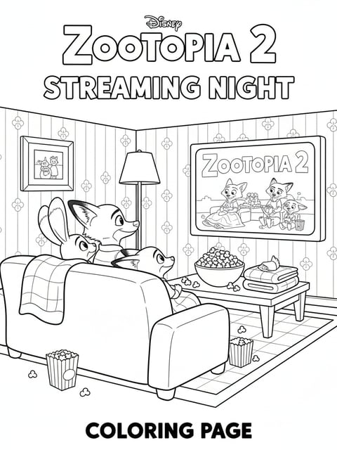Animal family on a couch watching Zootopia 2 on TV with popcorn and blankets coloring page