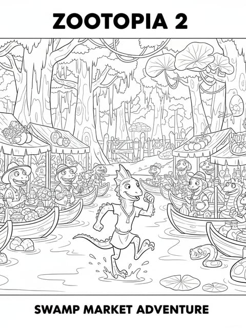 Jesus the double crested lizard running across water in a swamp market with boats and stalls coloring page