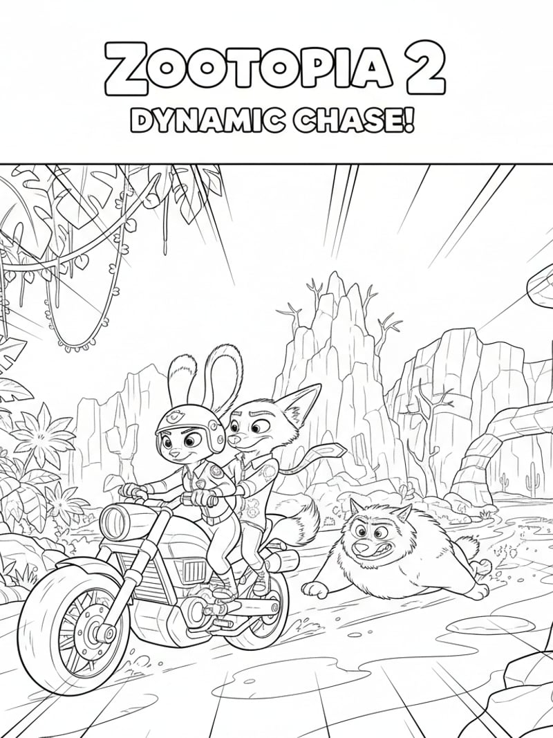 Judy on police bike with Nick and Gary racing through rainforest tundra and desert zones coloring page