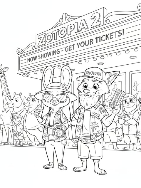 Judy and Nick undercover in box office line with marquee and animal crowd coloring page
