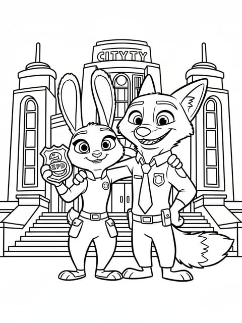 Judy Hopps holding updated police badge with snake symbol next to Nick on city hall steps coloring page