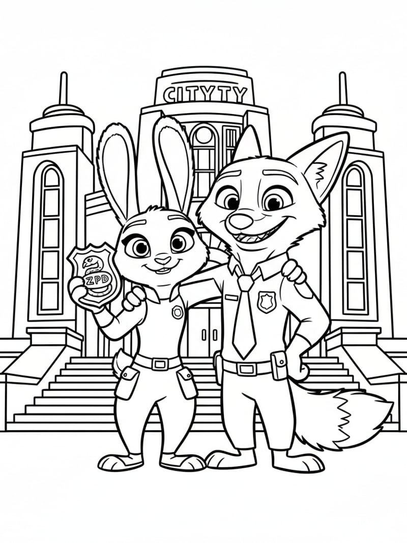 Judy Hopps holding updated police badge with snake symbol next to Nick on city hall steps coloring page