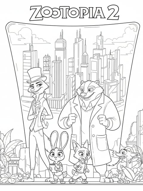 Milton and Pawbert in front of holographic city plan while Judy and Nick watch from shadows coloring page