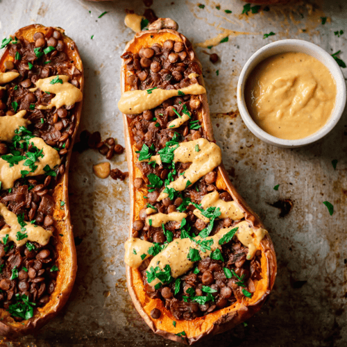 Creamy Lentil Stuffed Butternut Squash