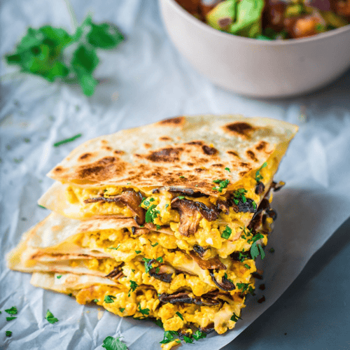 Vegan Quesadillas with Mushroom Bacon