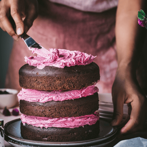 Vegan Chocolate Layer Cake with Hibiscus Frosting