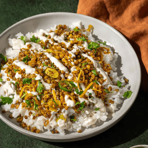 Crispy Indian-ish Lentils with Rice & Yogurt