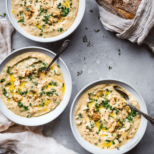Creamy Vegan Cauliflower Soup with Sausage and Kale