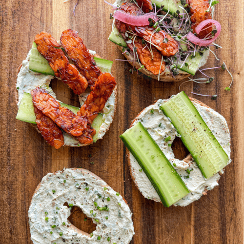 Tempeh Bacon Bagel with Chive Tofu Schmear