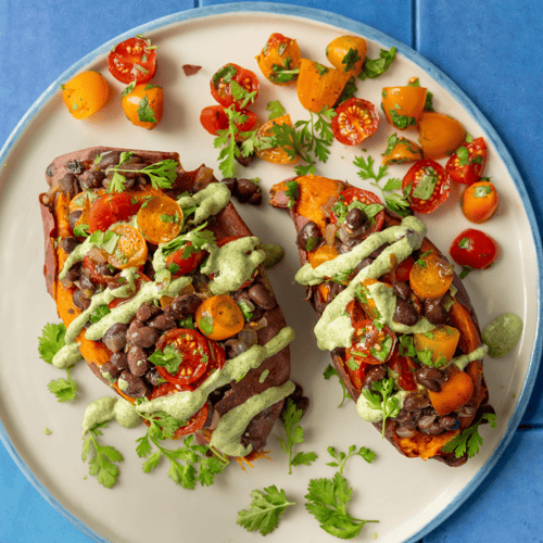 Saucy Black Bean Stuffed Sweet Potatoes