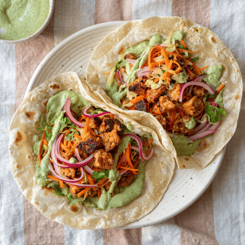 Sweet & Smoky Tofu Tacos with Creamy Basil Sauce