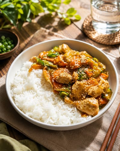Wok légumes sautés, poulet, cacahuète